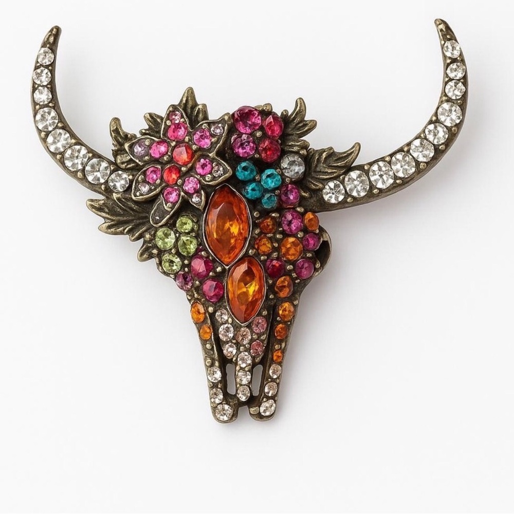 Colorful Rhinestone Bull Skull Brooch